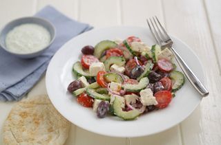 Greek salad with honey and mint dressing