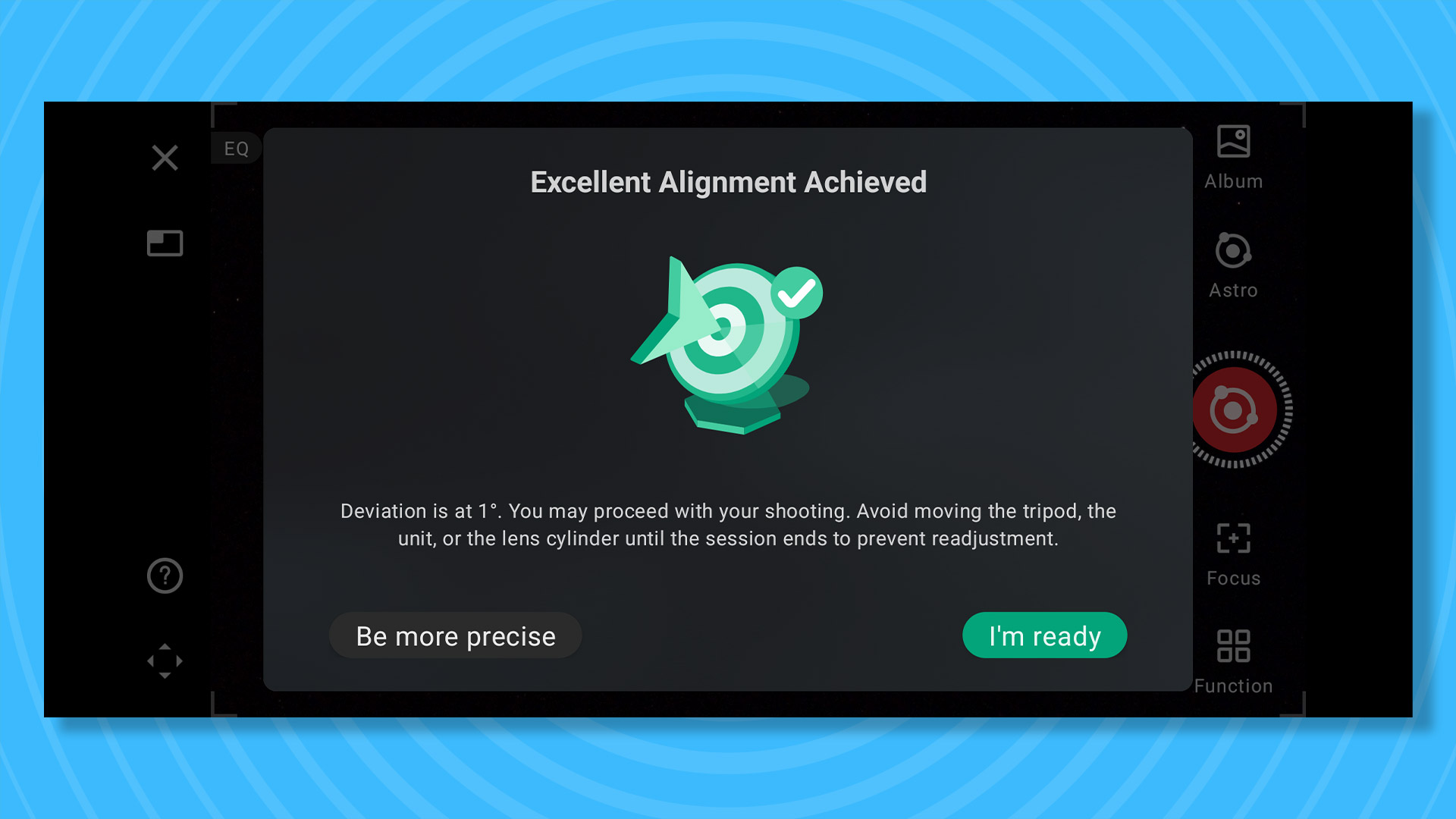 A screenshot from the Dwarf III&#039;s app showing alignment achieved in EQ mode