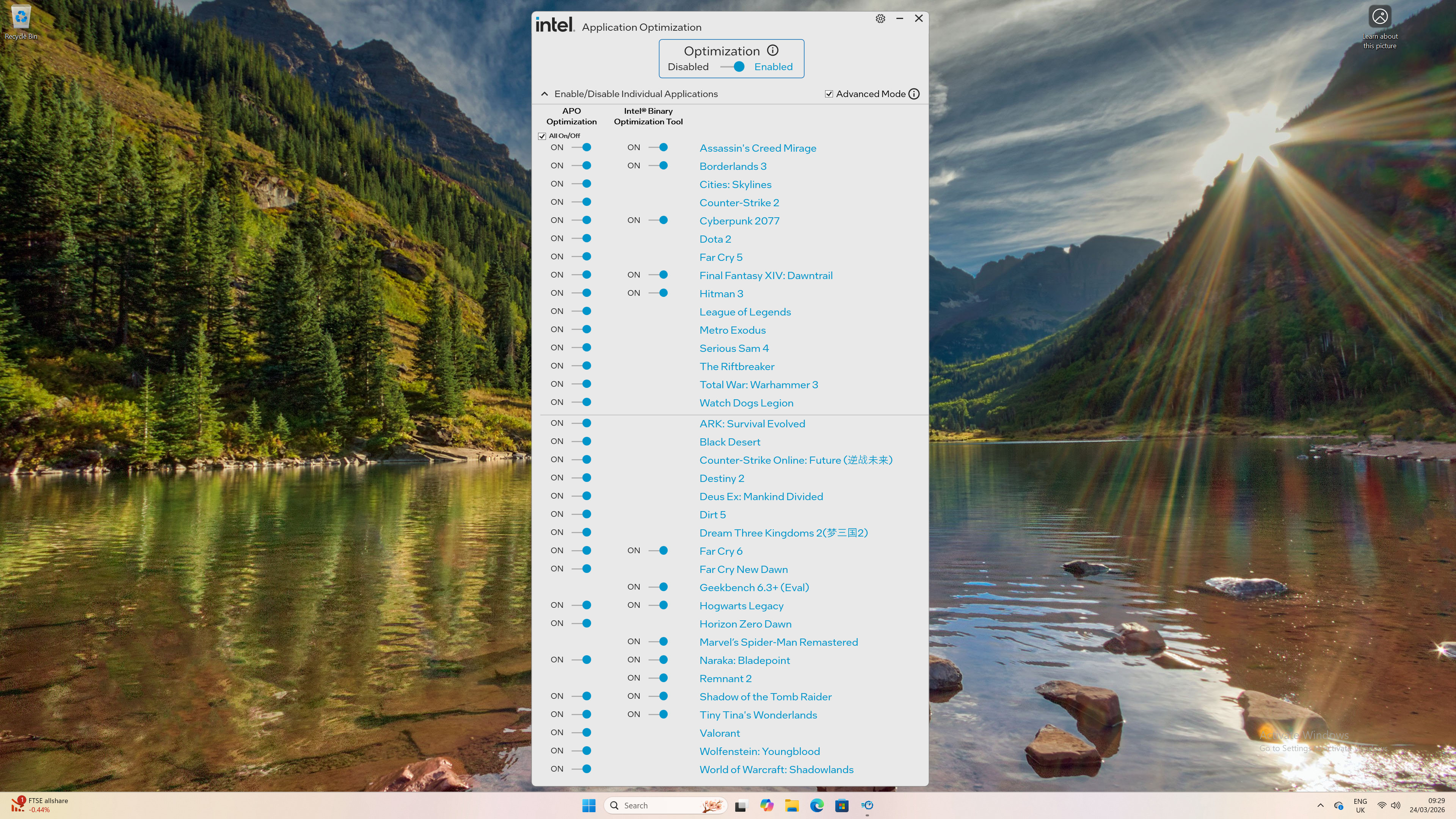 A screenshot of Intel's APO tool, showing the list of games supporting APO and Intel Binary Optimization Tool, with the desktop of Windows 11 in the background