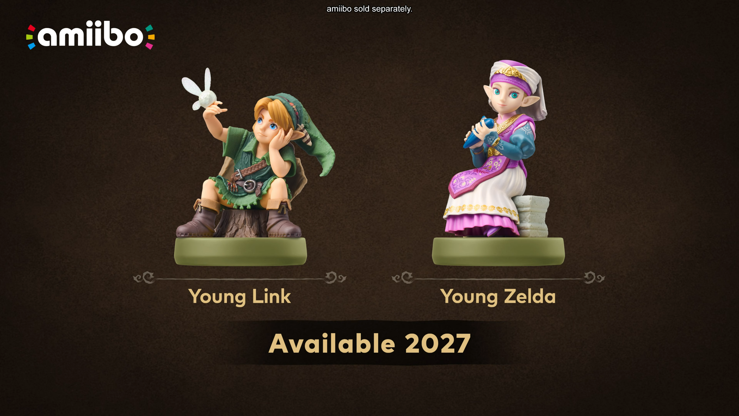 Young Link and Young Zelda amiibo from Legend of Zelda Ocarina of Time remake, against a dark background