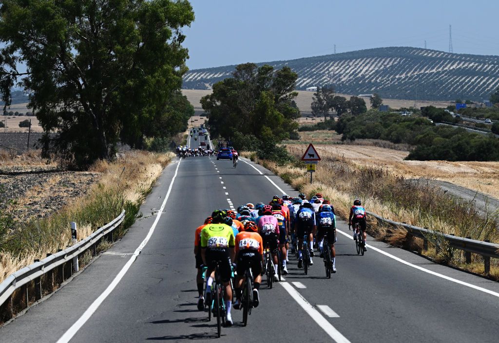 YUNQUERA SPAIN AUGUST 22 A general view of the peloton competing during the La Vuelta 79th Tour of Spain 2024 Stage 6 a 1855km stage from Jerez de la Frontera to Yunquera UCIWT on August 22 2024 in Yunquera Spain Photo by Dario BelingheriGetty Images
