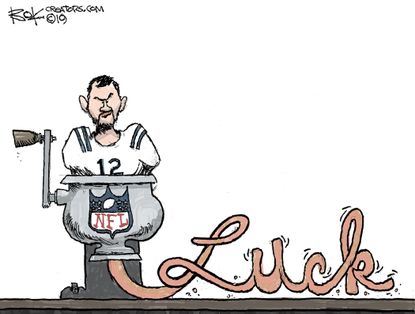 Editorial Cartoon U.S. Andrew Luck Retirement NFL Meat Grinder Concussions