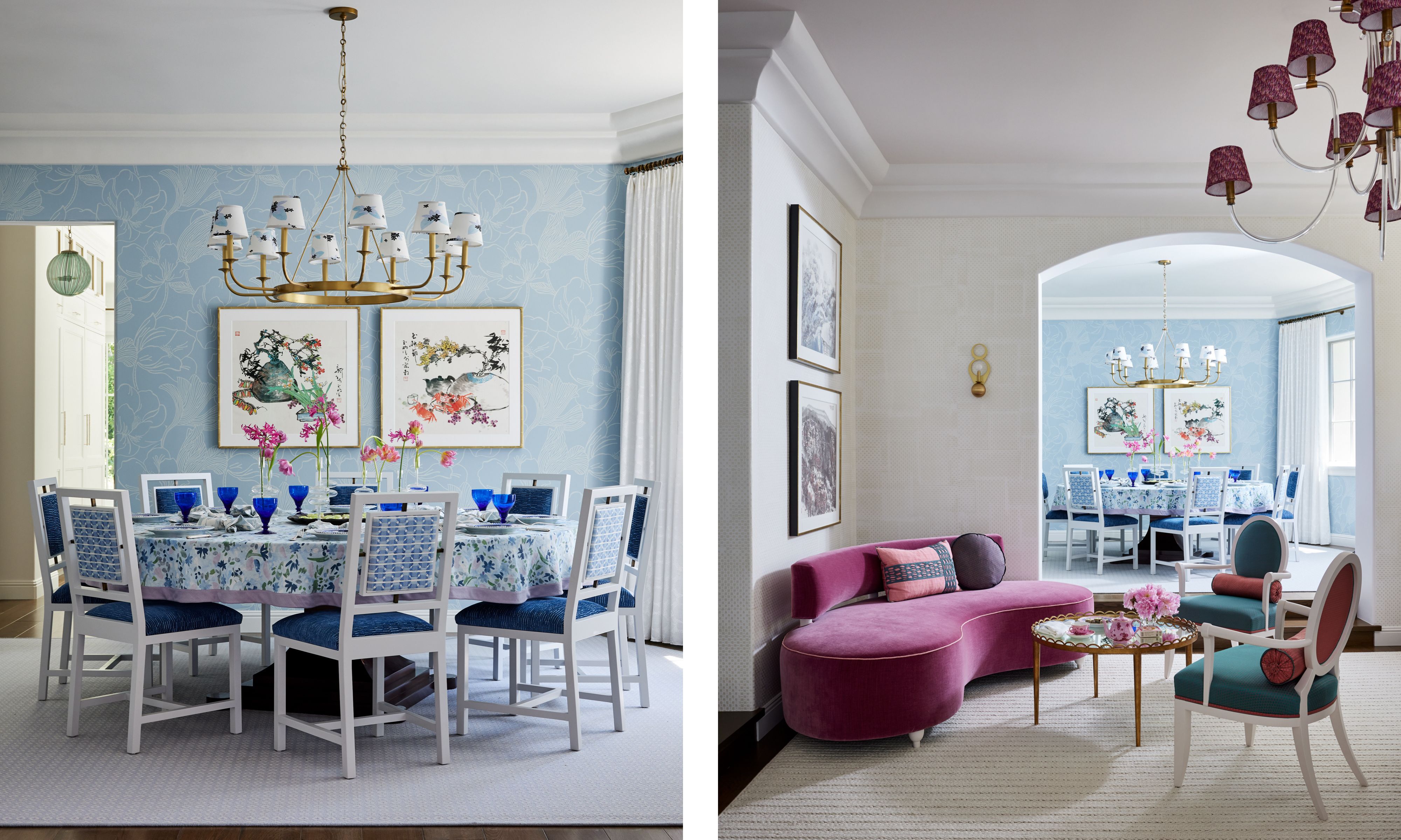 Two side by side images. The left images is of a blue dining room with a circular dining table and white and blue seating. The right side image is of the adjoining room that has a seating area made up of a pink velvet couch and two green armchairs