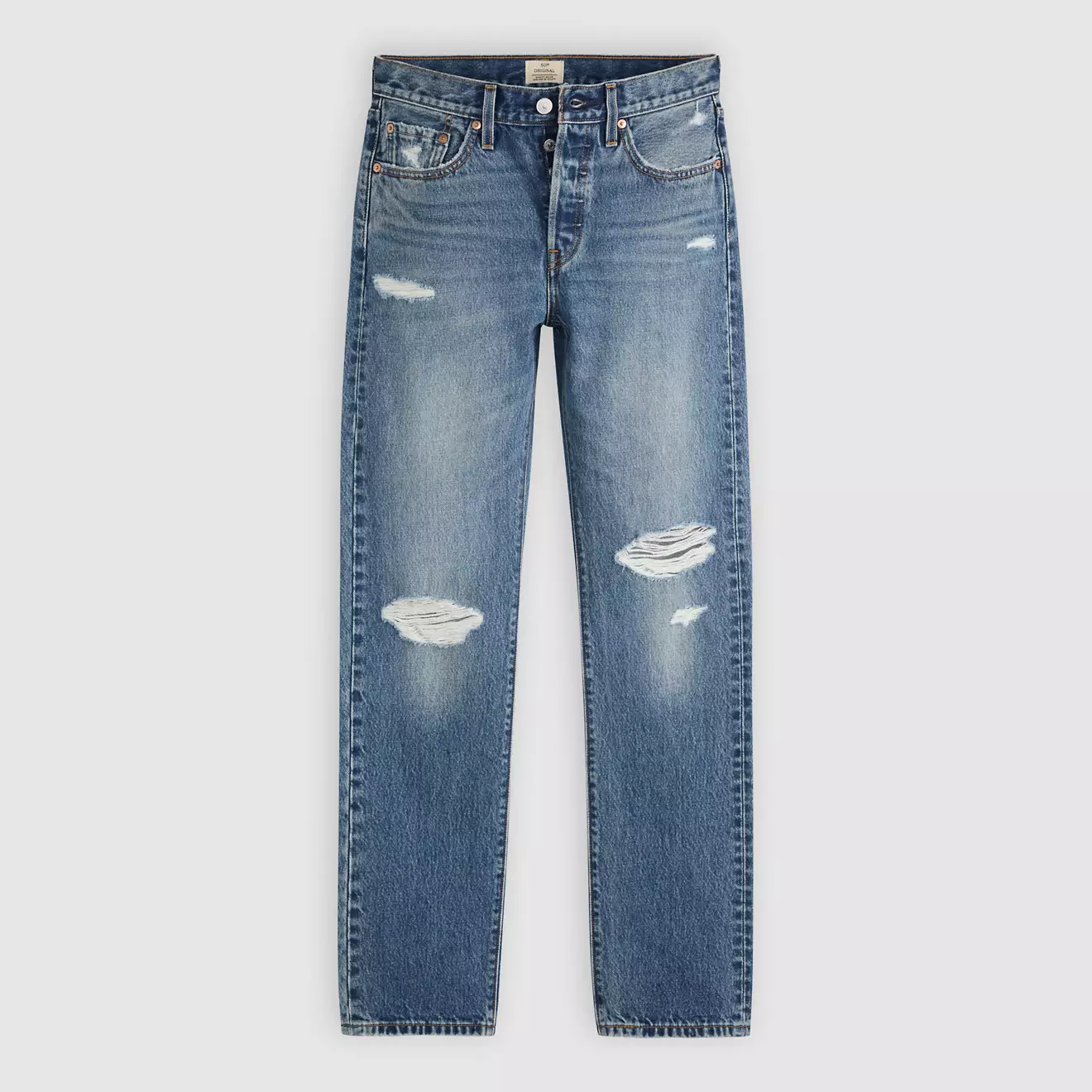 a pair of levi jeans with subtle distressing
