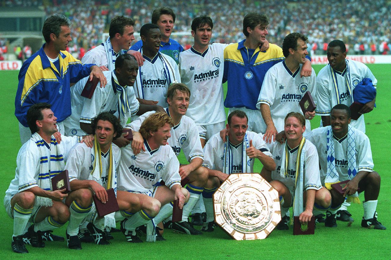 Leeds United players celebrate with the trophy after winning the 1992 Charity Shield at Wembley