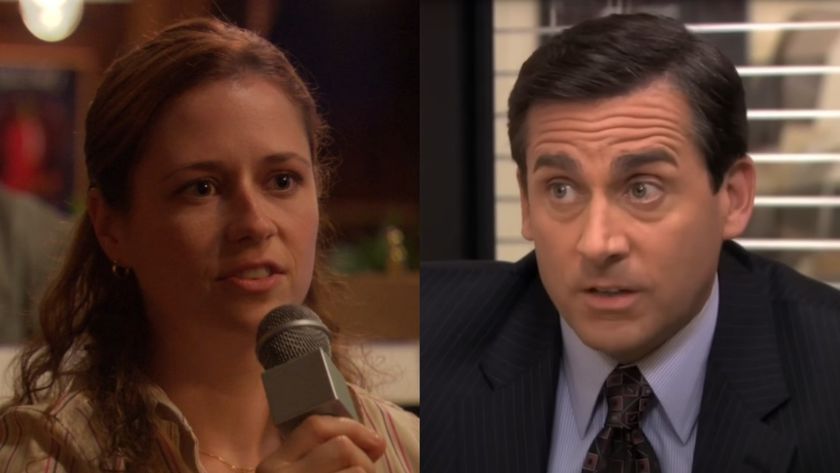 side by side of Jenna Fischer and Steve Carell on The Office as Pam and Michael 