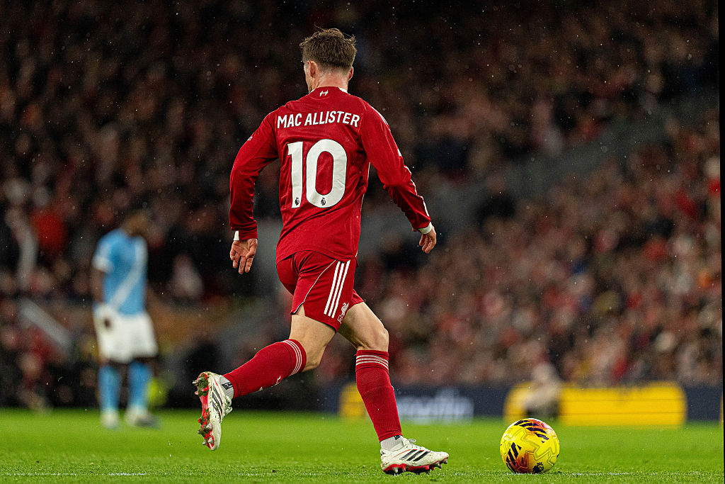 Liverpool&amp;apos;s Alexis Mac Allister is seen in action during the Premier League match between Liverpool and Manchester City at Anfield in Liverpool, England, on February 8, 2026. (Photo by Steven Halliwell/MI News/NurPhoto via Getty Images)