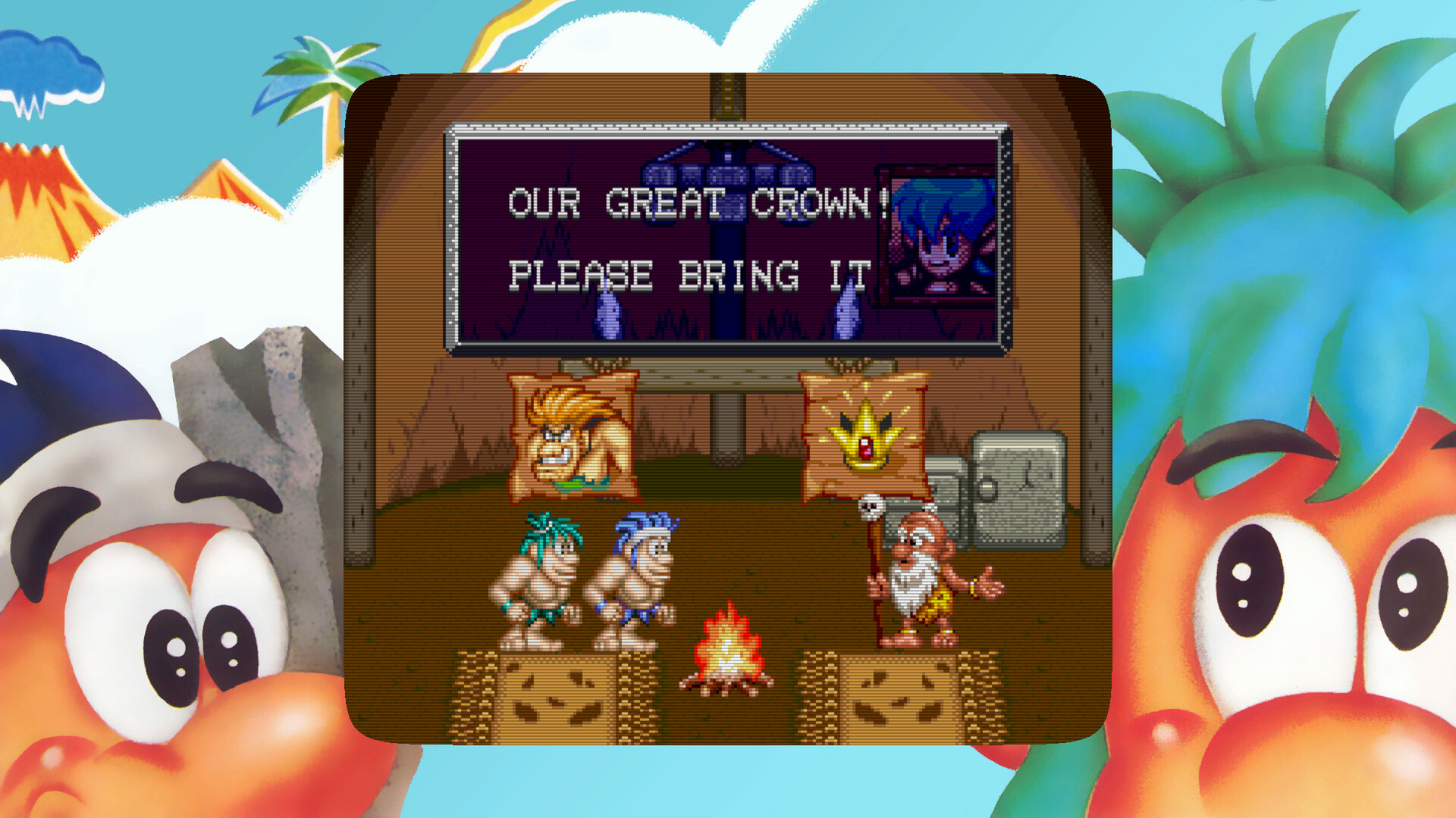 SNES sprite cavemen Joe and Mac speak to an older man who asks for their help to bring the "Great Crown" in Joe &amp;amp; Mac Retro Collection