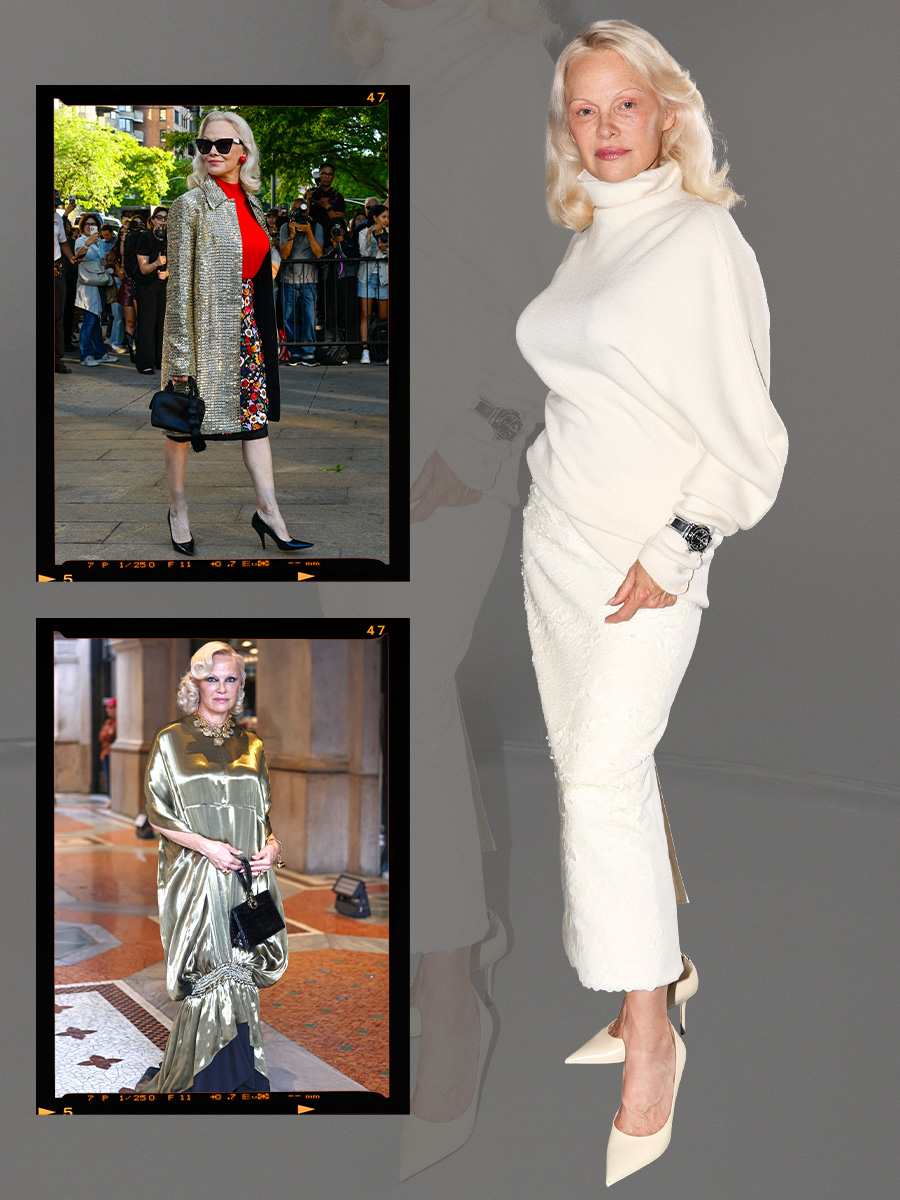 A collage of photos of Pamela Anderson from red carpets and events in September 2026.