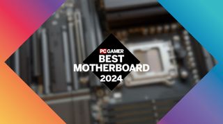 An out-of-focus image of a motherboard surrounded by a colorful border, with a PC Gamer Best Motherboard 2024 logo in the center