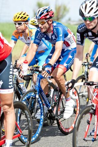George Hincapie (BMC) looks pretty happy to be racing stateside in the stars and stripes.