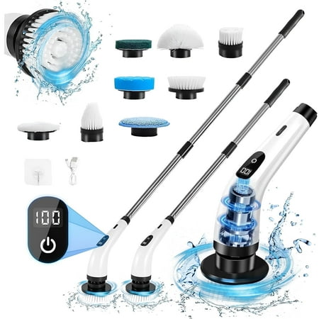 Electric Spin Scrubber - Cordless Cleaning Brush With 8 Heads & Long Handle Power Shower Scrubber for Bathroom Kitchen Tile Floor, White