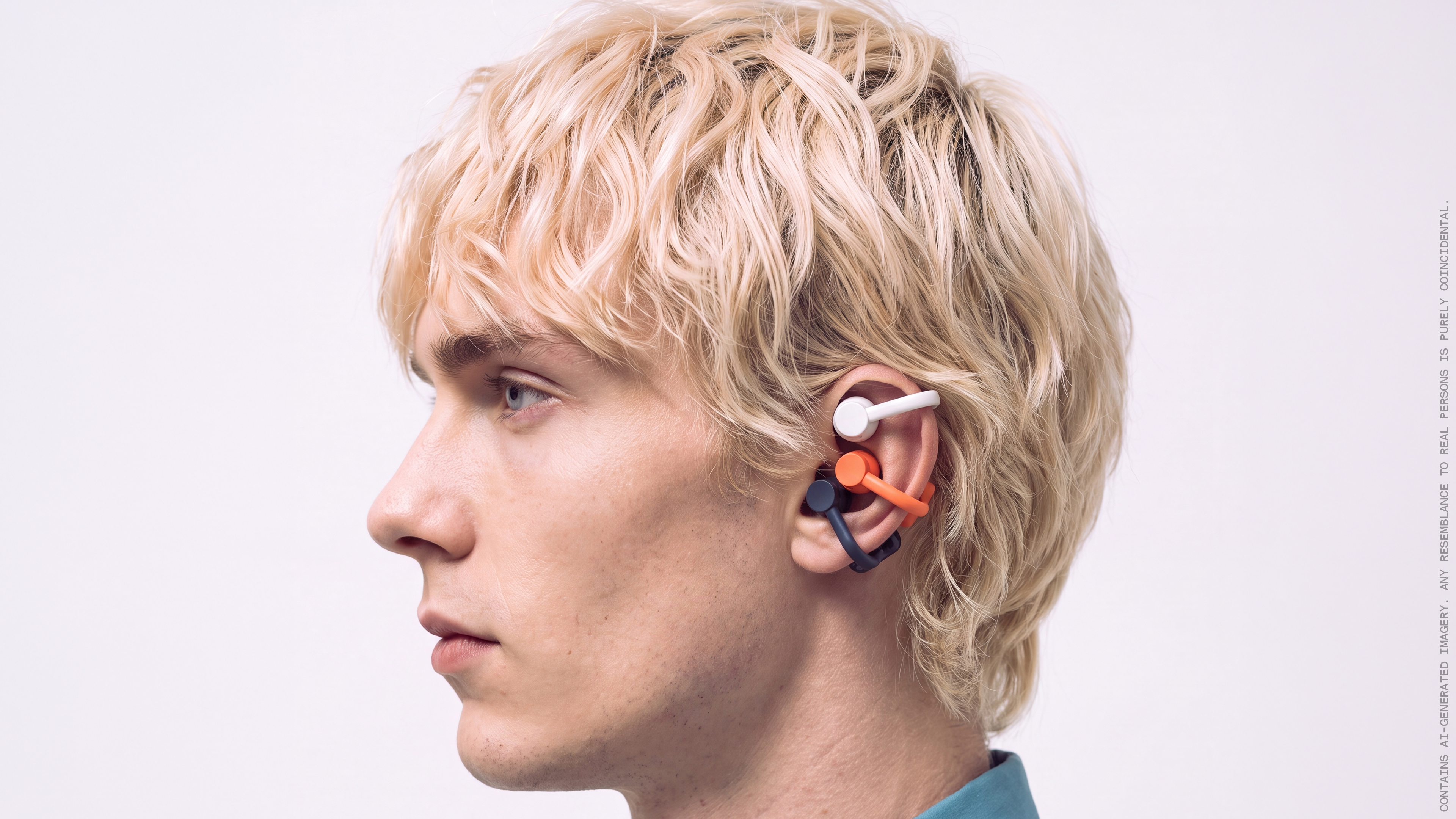 A man with blonde hair in profile, wearing three pairs of open earbuds in white, black and coral, on white background