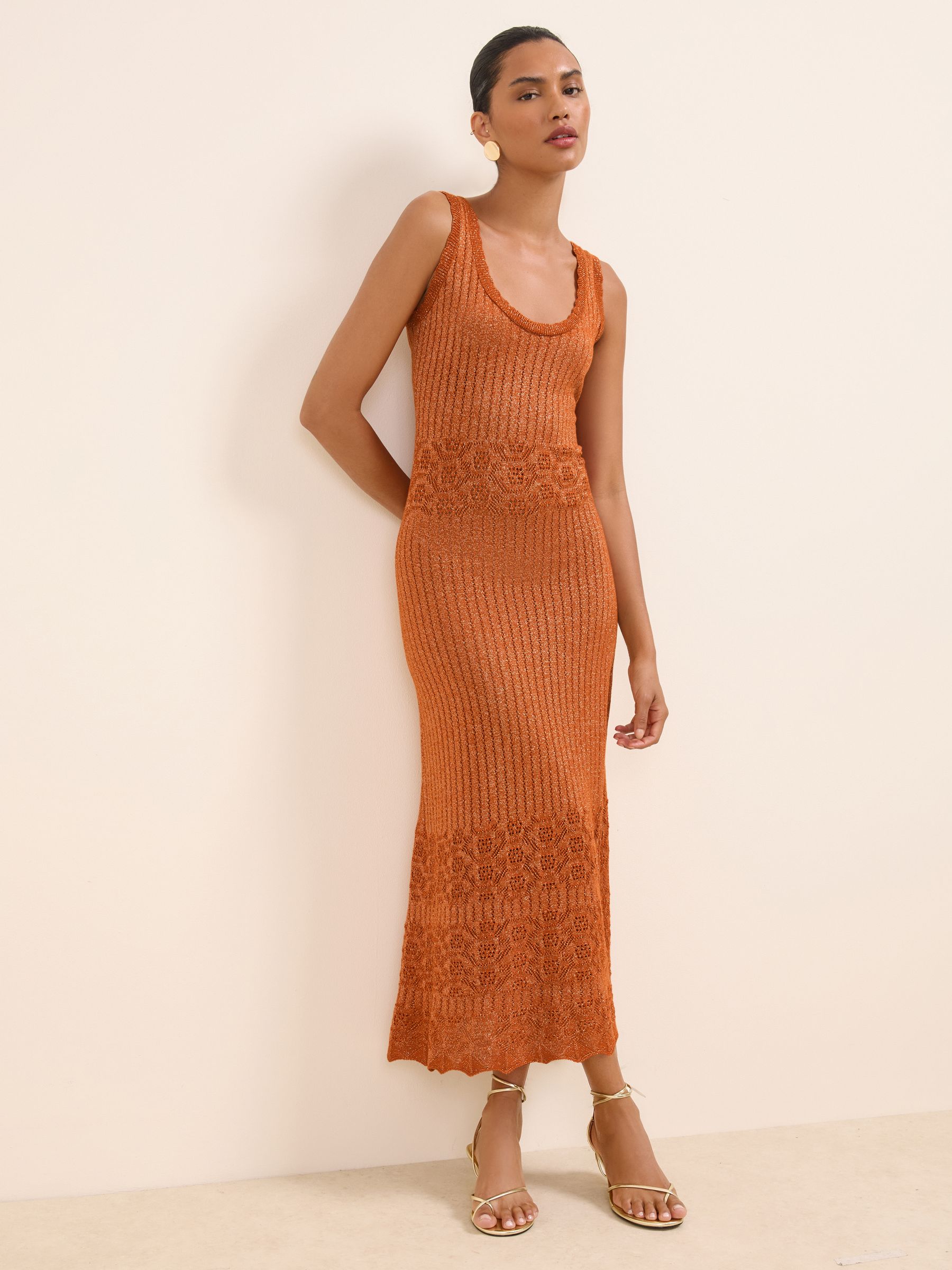 Bhoem Metallic Gold Orange Knitted Sleeveless Midi Dress