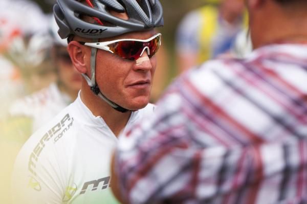 Chris Jongerwaard talks to media before the start of the Mens Elite XC.