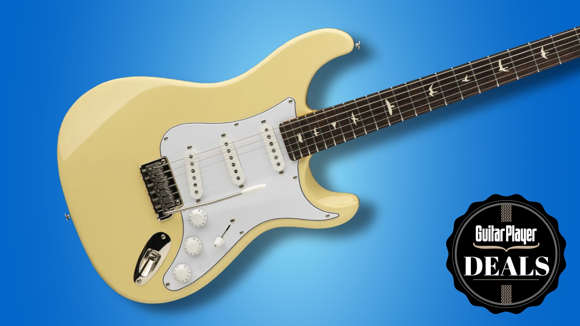 A cream PRS SE Silver Sky electric guitar on a blue background with the Guitar Player deals logo in the corner