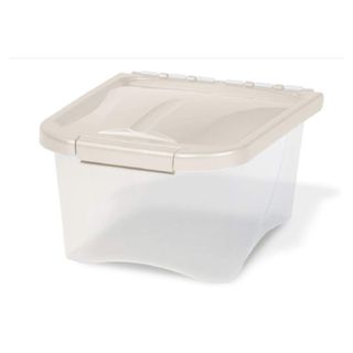 A clear storage box with a white lid