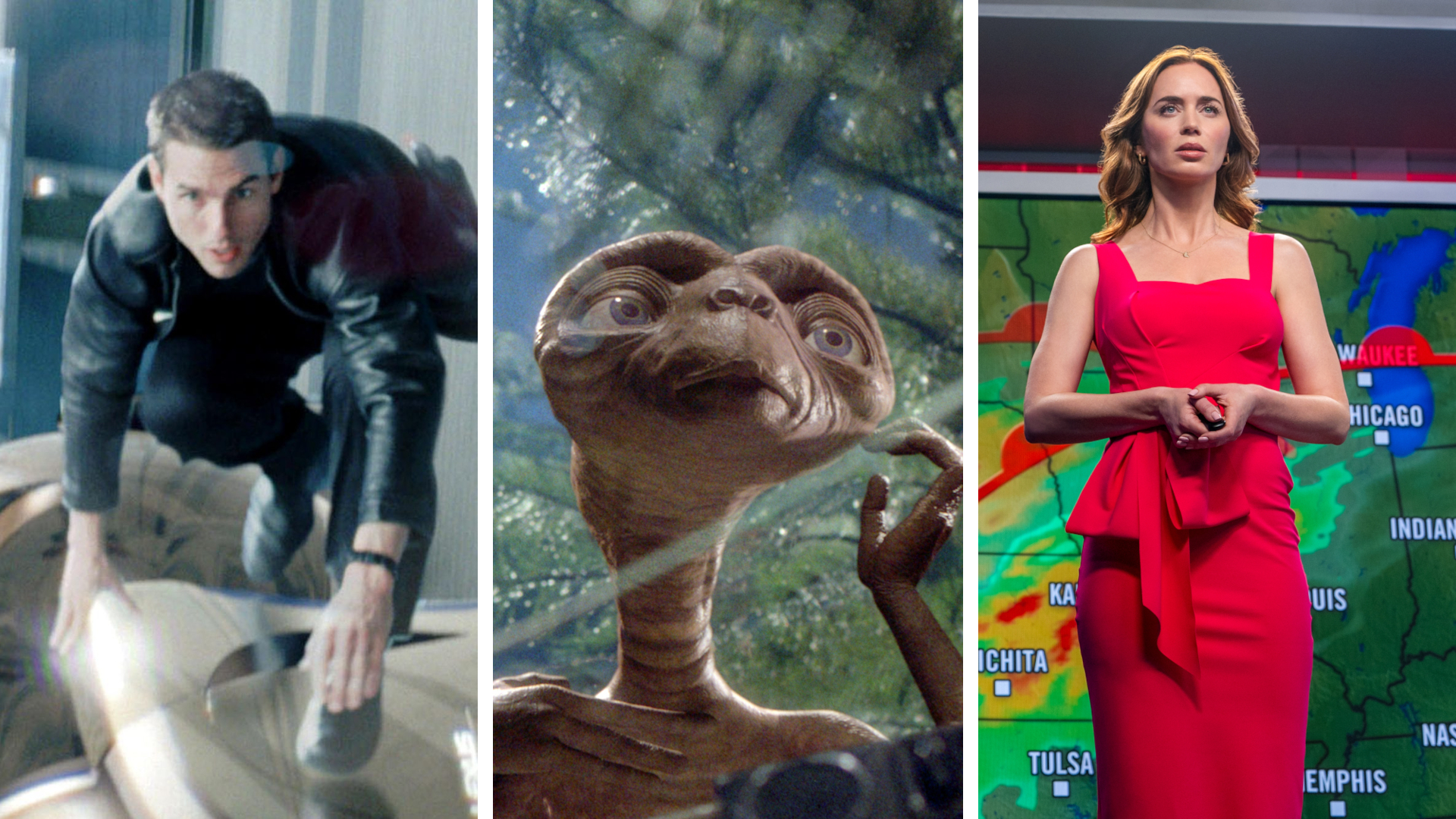 Split image showing three Steven Spielberg movies: Minority Report, E.T. the Extra-Terrestrial, and Disclosure Day