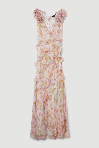 Karen Millen Floral Chiffon Rosette Ruffle Slip Maxi Dress