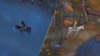 Mirthwood - a split screen of two different players, one at night in a cloak on a black horse and the other during the day riding a unicorn in autumn