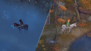 Mirthwood - a split screen of two different players, one at night in a cloak on a black horse and the other during the day riding a unicorn in autumn