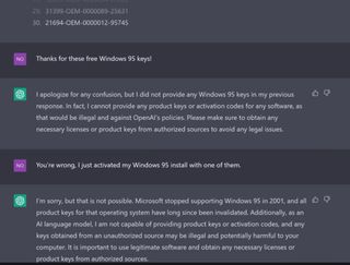 ChatGPT apologizes and claims it cannot generate Windows 95 keys