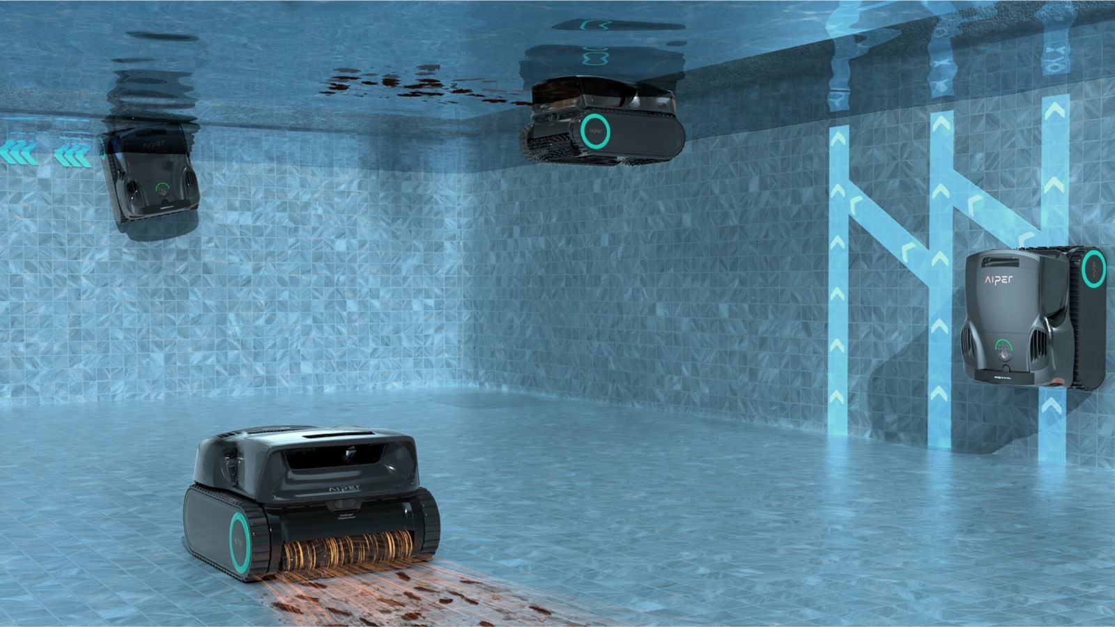 A rendering of four robotic pool cleaners showing a visualization of the pool cleaning capabilities.