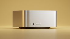 Apple Mac Studio 2026 model, with M5 Max or M5 Ultra processing (on a gold background)