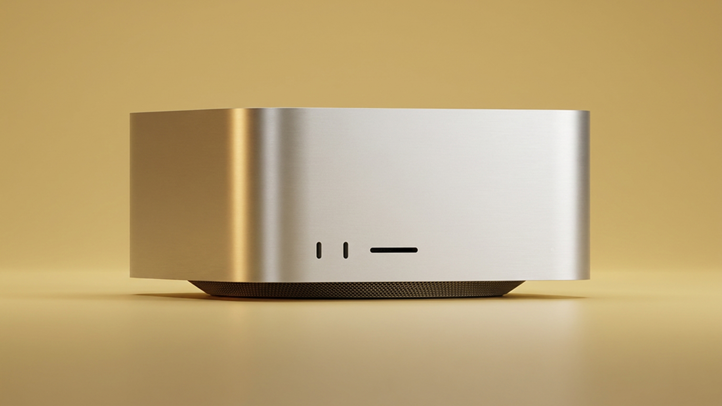 Apple Mac Studio 2026 model, with M5 Max or M5 Ultra processing (on a gold background)