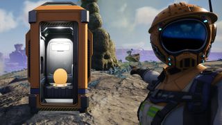Satisfactory player pointing to an outhouse