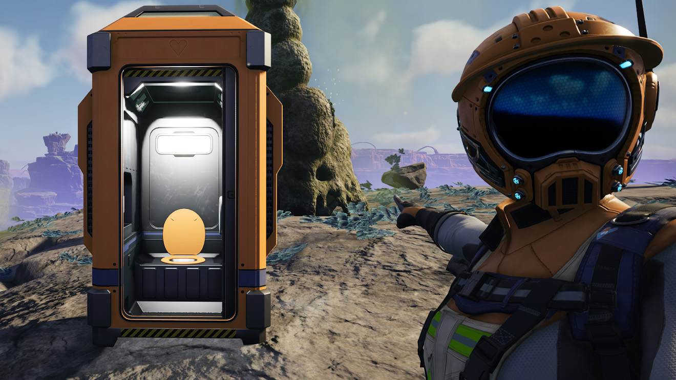 Satisfactory player pointing to an outhouse