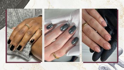 A collage of black Christmas nail looks: on the left is a close-up of hand with square, glossy black nails created by manicurist Julia Diogo/@paintedbyjools. In the middle is a close-up picture of a hand with black cat eye glitter nails by nail artist, Fliss Alton/@gelsbyfliss and finally, on the right, is a picture of a hand with black French tips and a star nail design, again by Fliss Alton - all featured in a cream template with a gold glitter overlay and two nail polish spills.