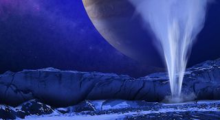 An artist's conception of a plume on Europa: water vapor ejected off or through the frigid, icy surface.