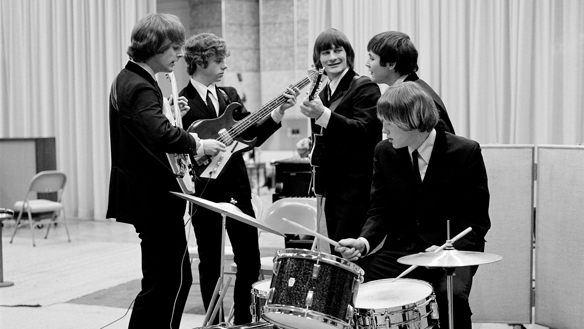 The Byrds at a recording session in Los Angeles, California, January 28, 1965. From left: Jim McGuinn (later referred to as Roger McGuinn), Chris Hillman, Gene Clark, David Crosby and Michael Clarke on drums.