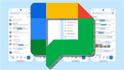 Google Chat new logo overlaid on new interface screenshots
