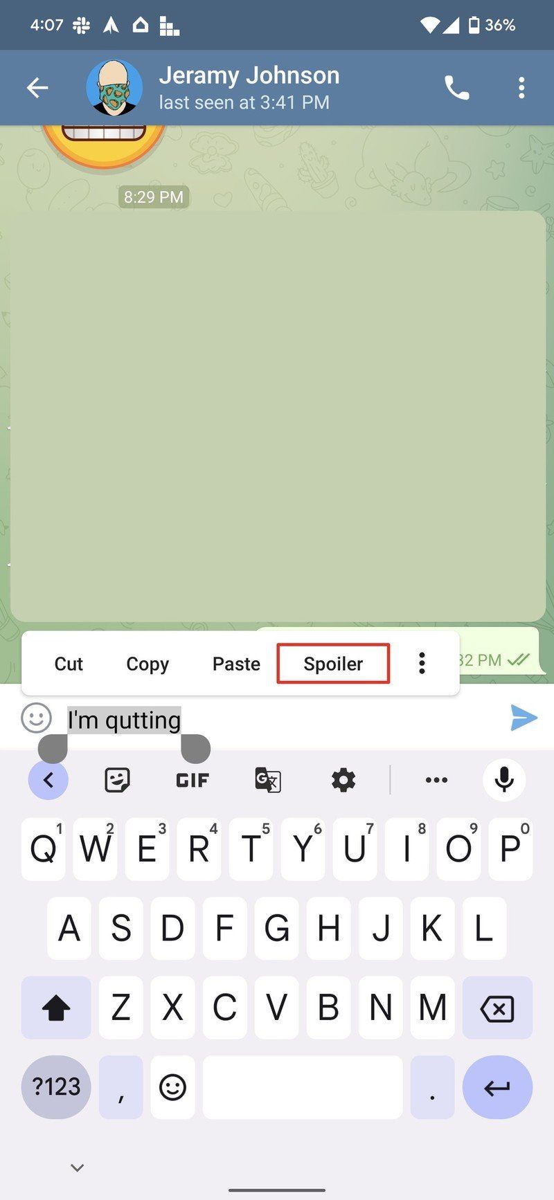 how to send a spoiler message telegram