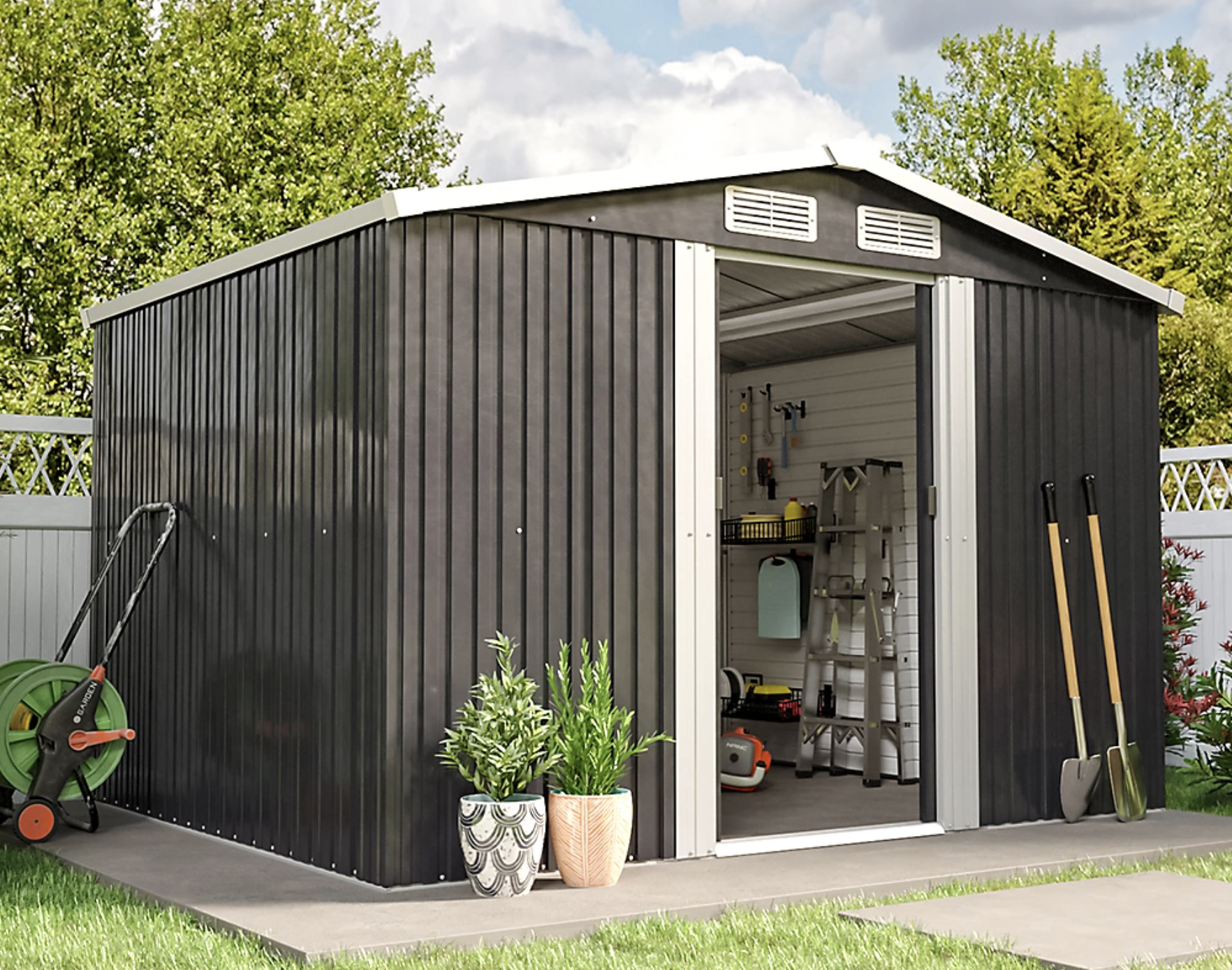 Black Metal Shed with an apex roof and without windows