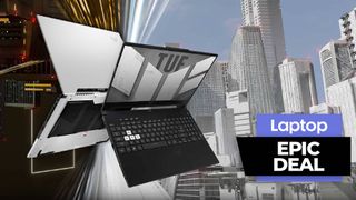 Asus TUF Dash gaming laptop against a city skyline background 