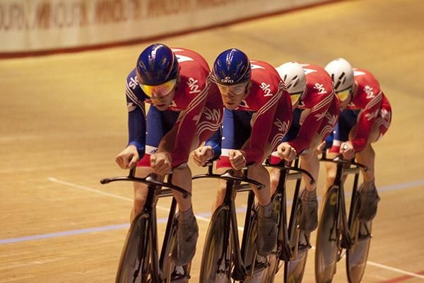The team from Great Britain ride towards a bronze medal in the teams pursuit.