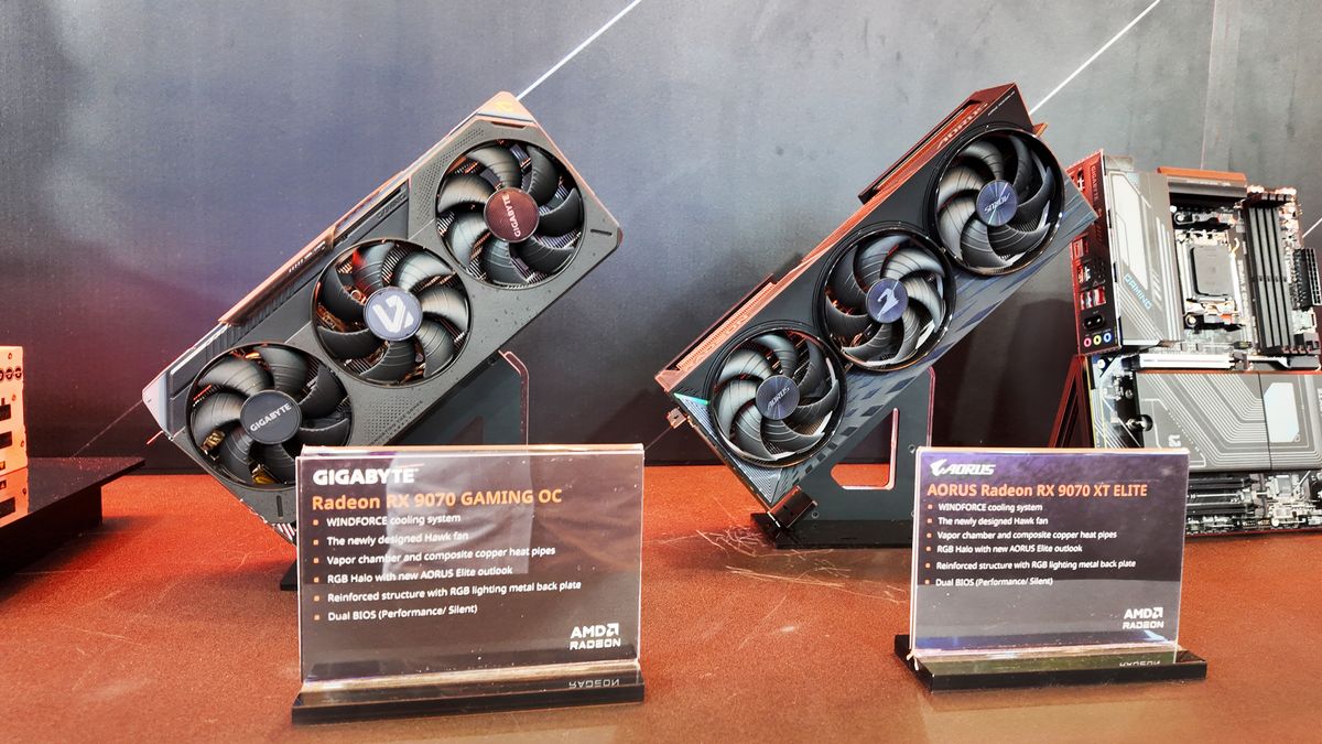 Two Radeon RX 9070-series graphics cards at the Gigabyte booth at CES 2025.