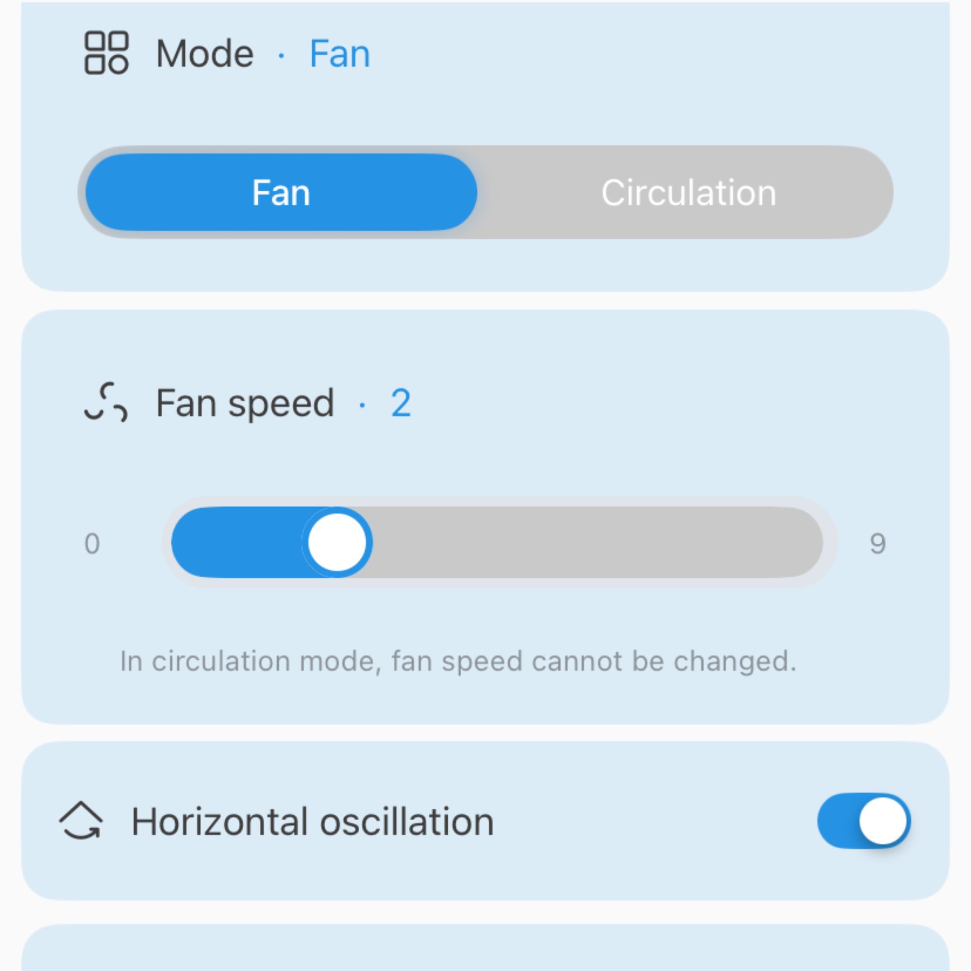 Smart app for the Pro Breeze Airflo 43'' Hybrid Pedestal Fan showing how to select the mode, fan speed and horizontal oscillation