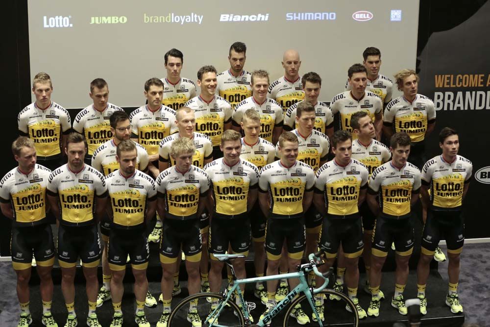 The 2016 LottoNL-Jumbo team pose for the cameras