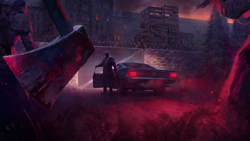 Cultic key art of man getting out of car with axe ominously positioned in foreground