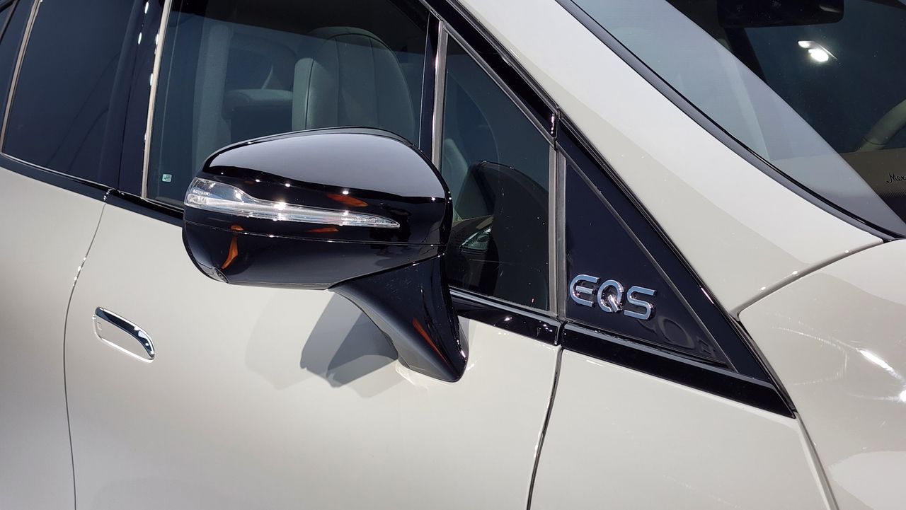 Close-up of side mirror and EQS badge