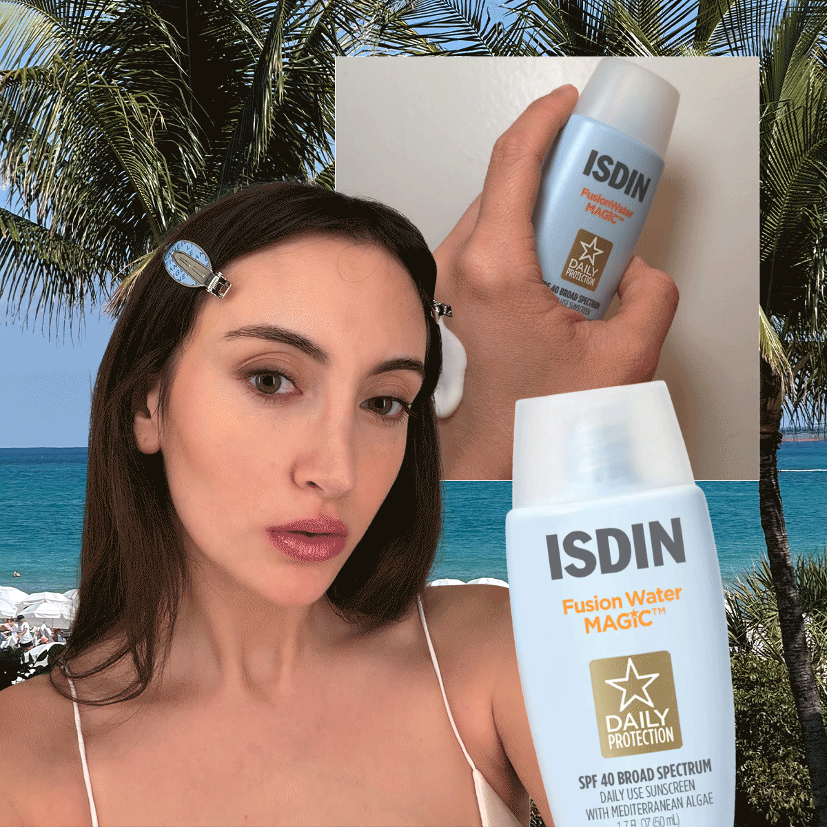 A collage of images and videos taken by Who What Wear associate beauty editor Alyssa Brascia wearing and showing the Isdin Fusion Water Magic sunscreen.