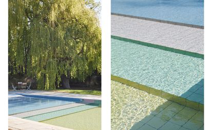 Two images. Left, a pool area with a tree hanging over it. Right, a pool with different colour steps in it.