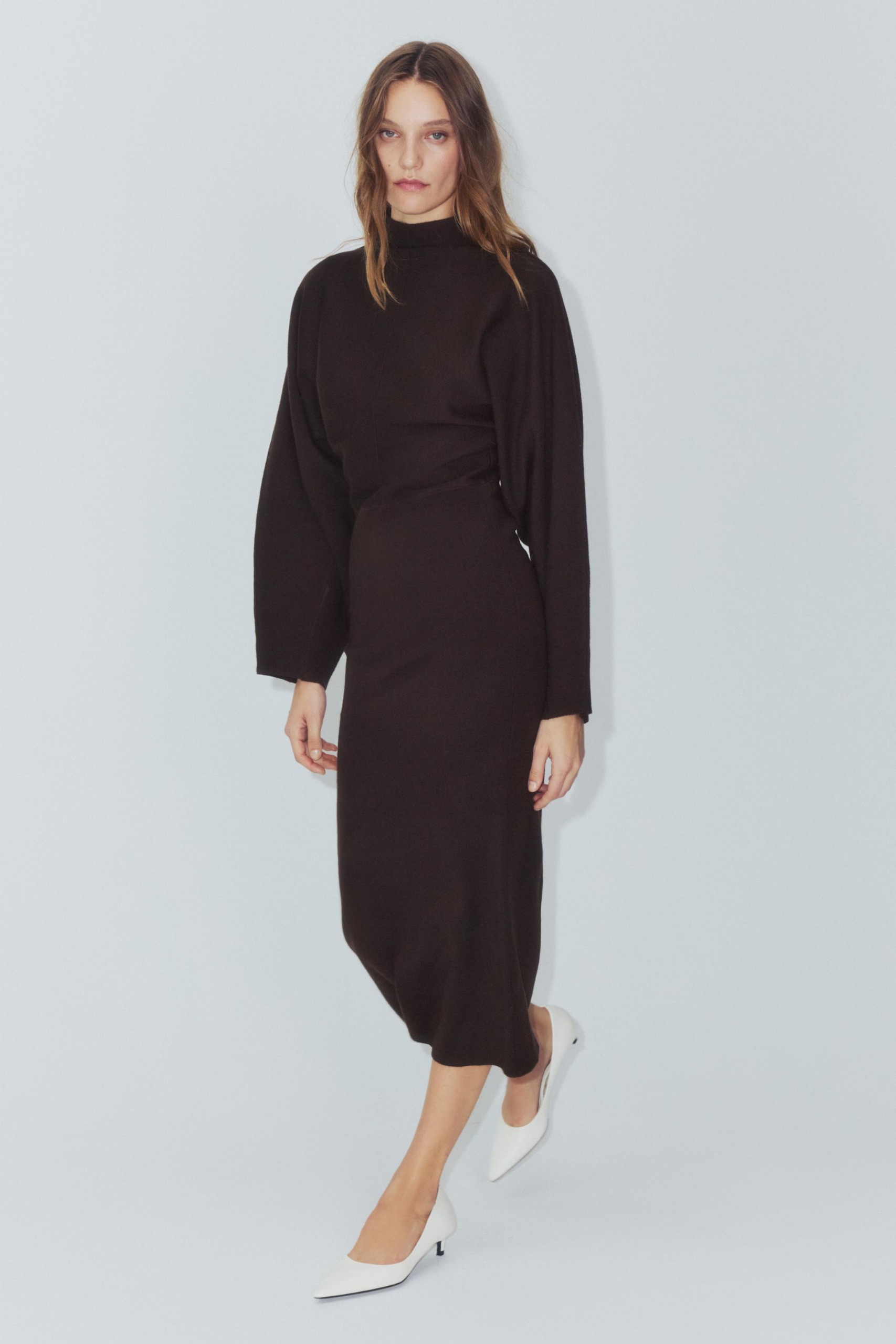 High Neck Long Knit Dress - Brown - S