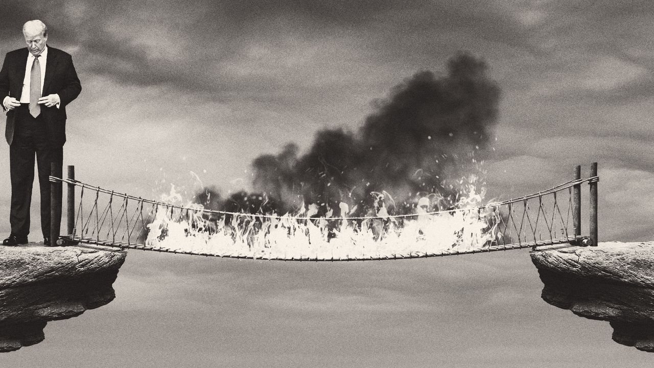 Illustration of Donald Trump standing next to a burning bridge