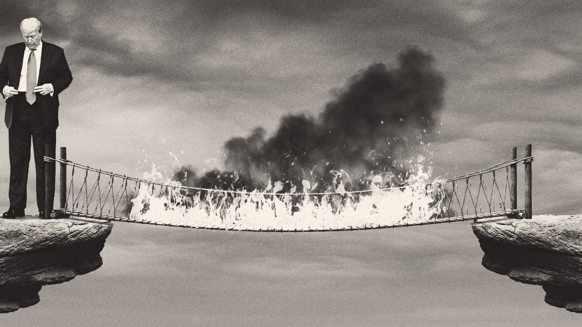 Illustration of Donald Trump standing next to a burning bridge