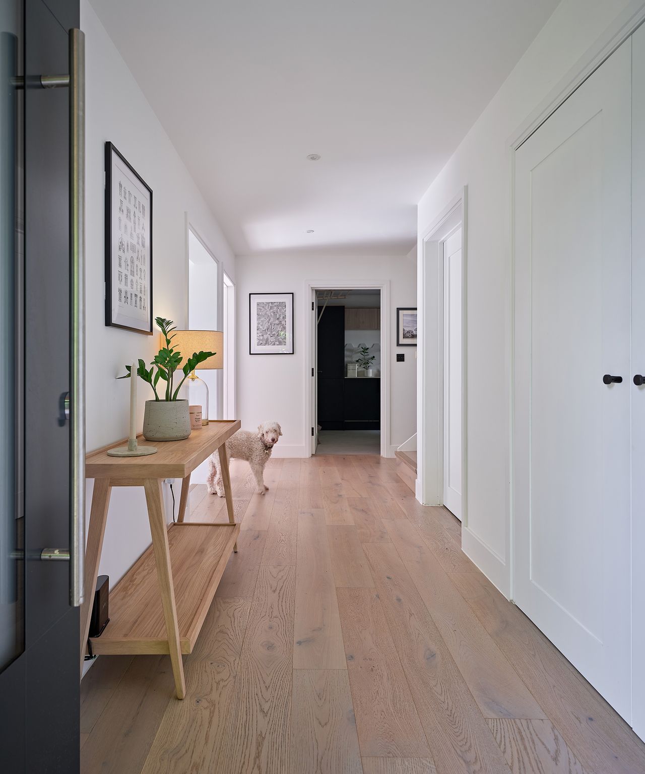 A corridor hallway with light coloured wood flooring